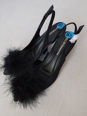 BCBGeneration Black Feather Buckle Slingback Kitten Heels Women's Size 6.5 NWOB